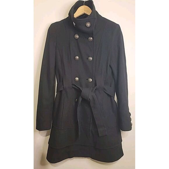 New York & Company Double Breasted Wool Blend Topcoat Small Belted Peacoat Metal - Picture 2 of 9